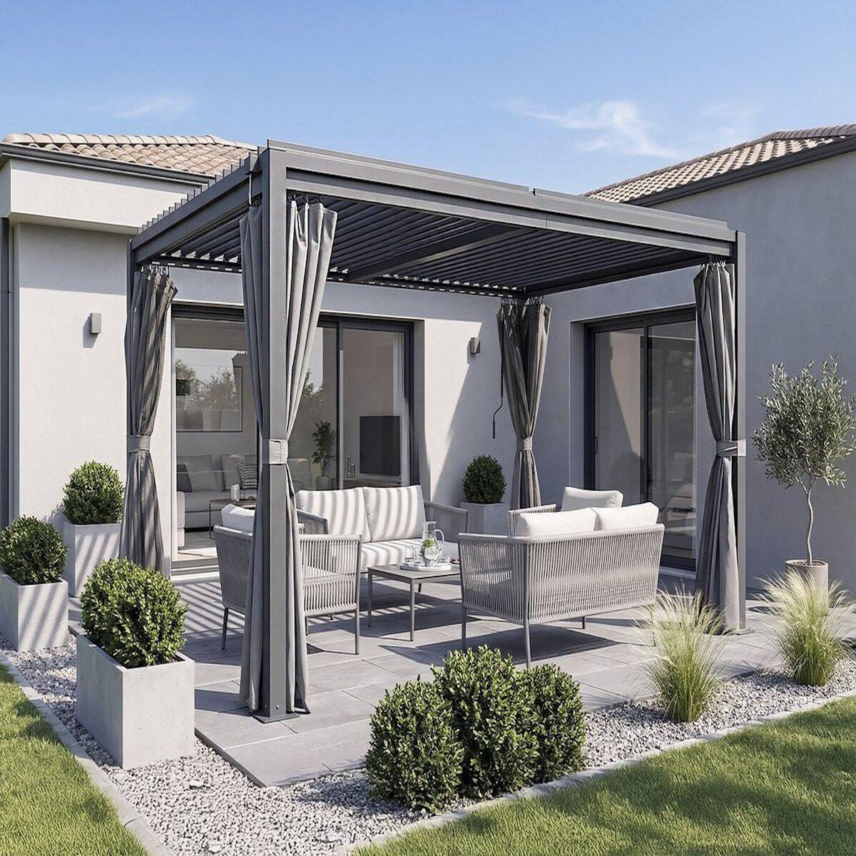 Habitat et Jardin Pergola bioclimatique avec rideau et moustiquaire  Howard  - 3 x 4 m - Gris