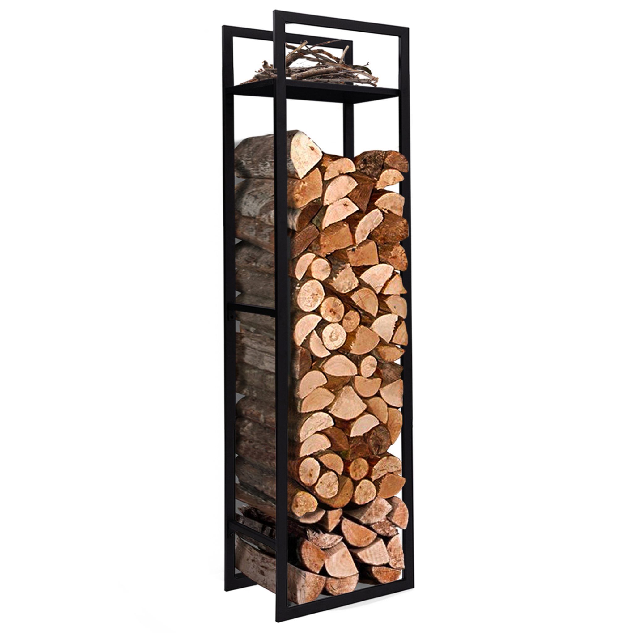ID MARKET Range bûches vertical acier noir avec étagère h.170 cm pour cheminée
