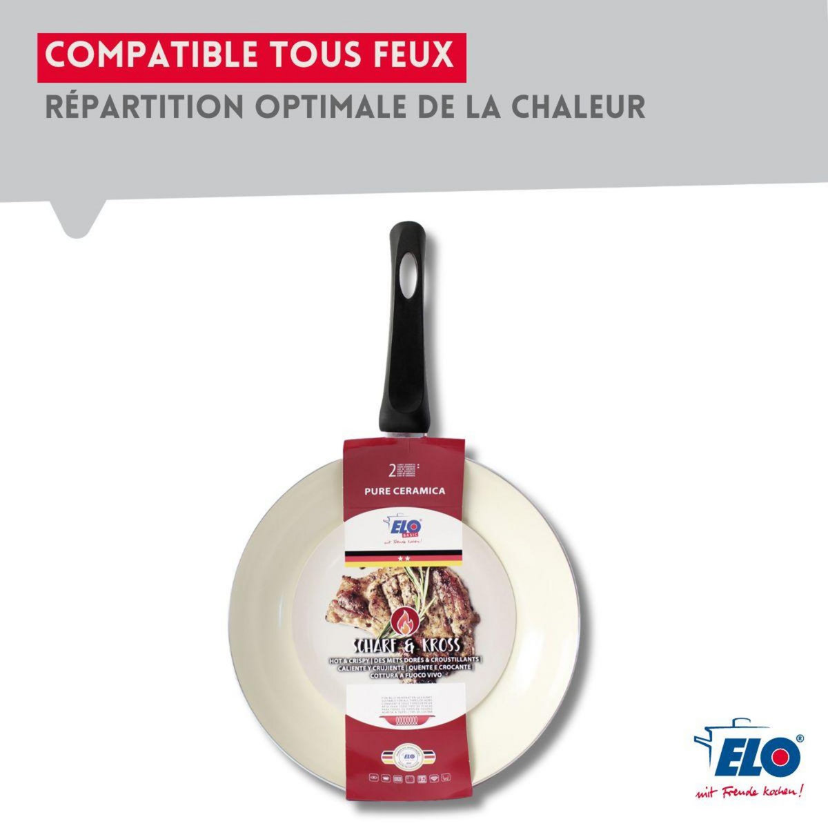ELO Set de 2 Poêles 20 et 24 cm céramique sans PFAS et 2 couvercles de cuisson en verre Elo Pure Ceramica
