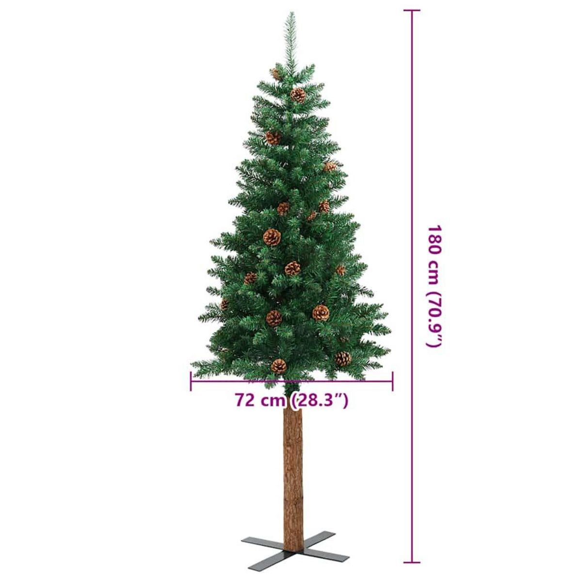 VIDAXL Sapin de Noël mince avec bois veritable et cones vert 180cm PVC