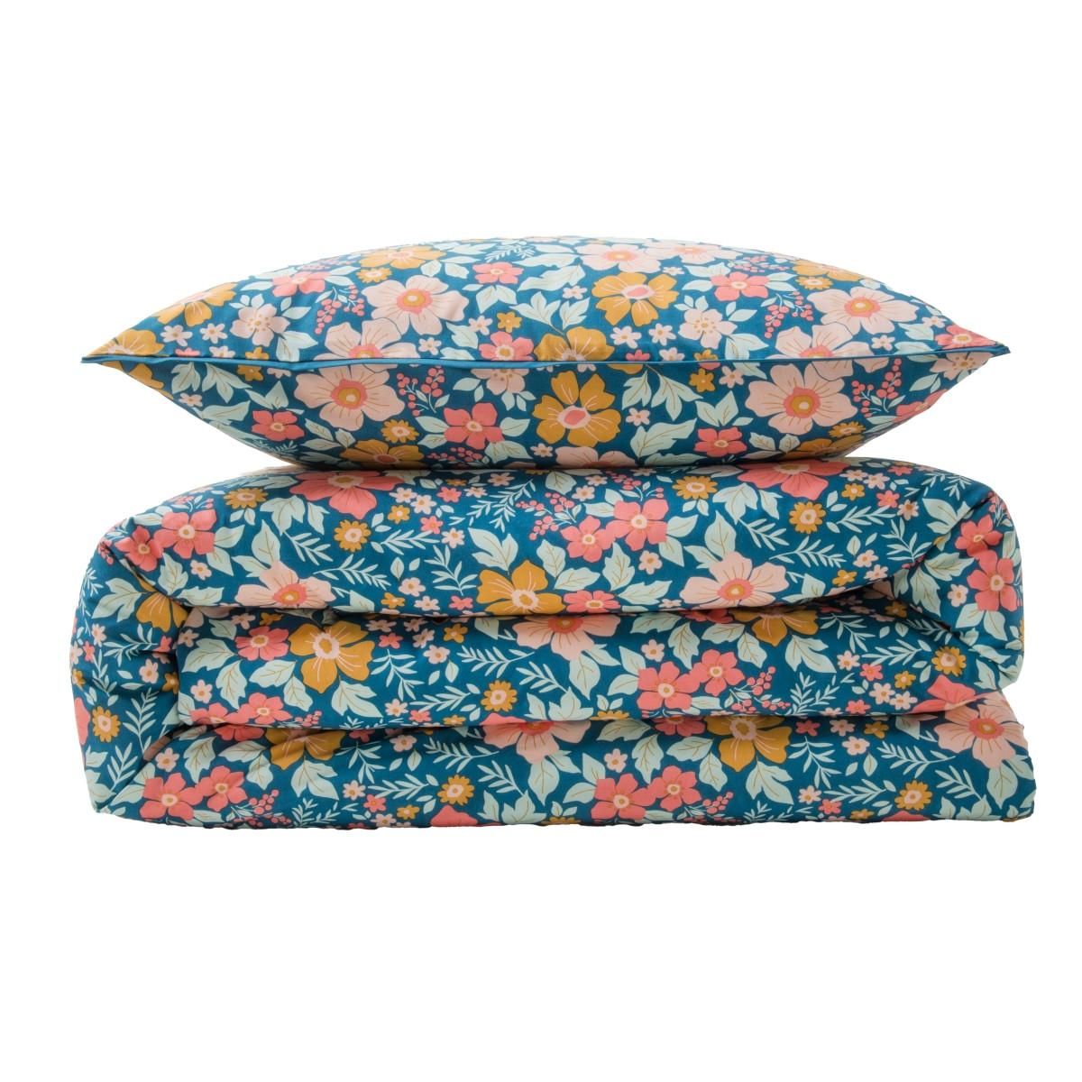 FUTURE HOME Parure de lit 2 personnes en coton 57 fils imprimé bleu