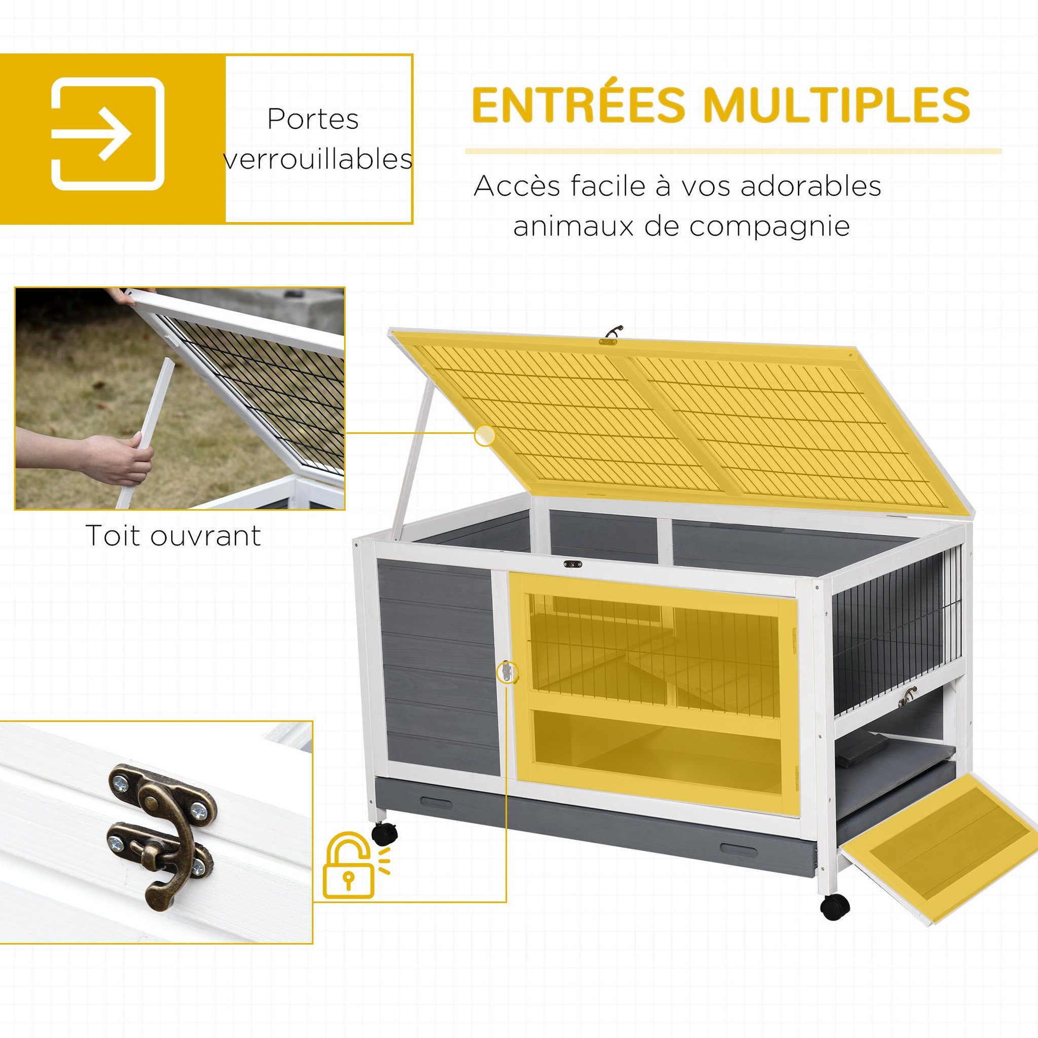 Voir la diapositive 5 : PAWHUT Clapier à lapin sur roulettes cage à lapin 2 niv. 2 portes verrouillables toit ouvrant plateau coulissant rampe bois gris blanc
