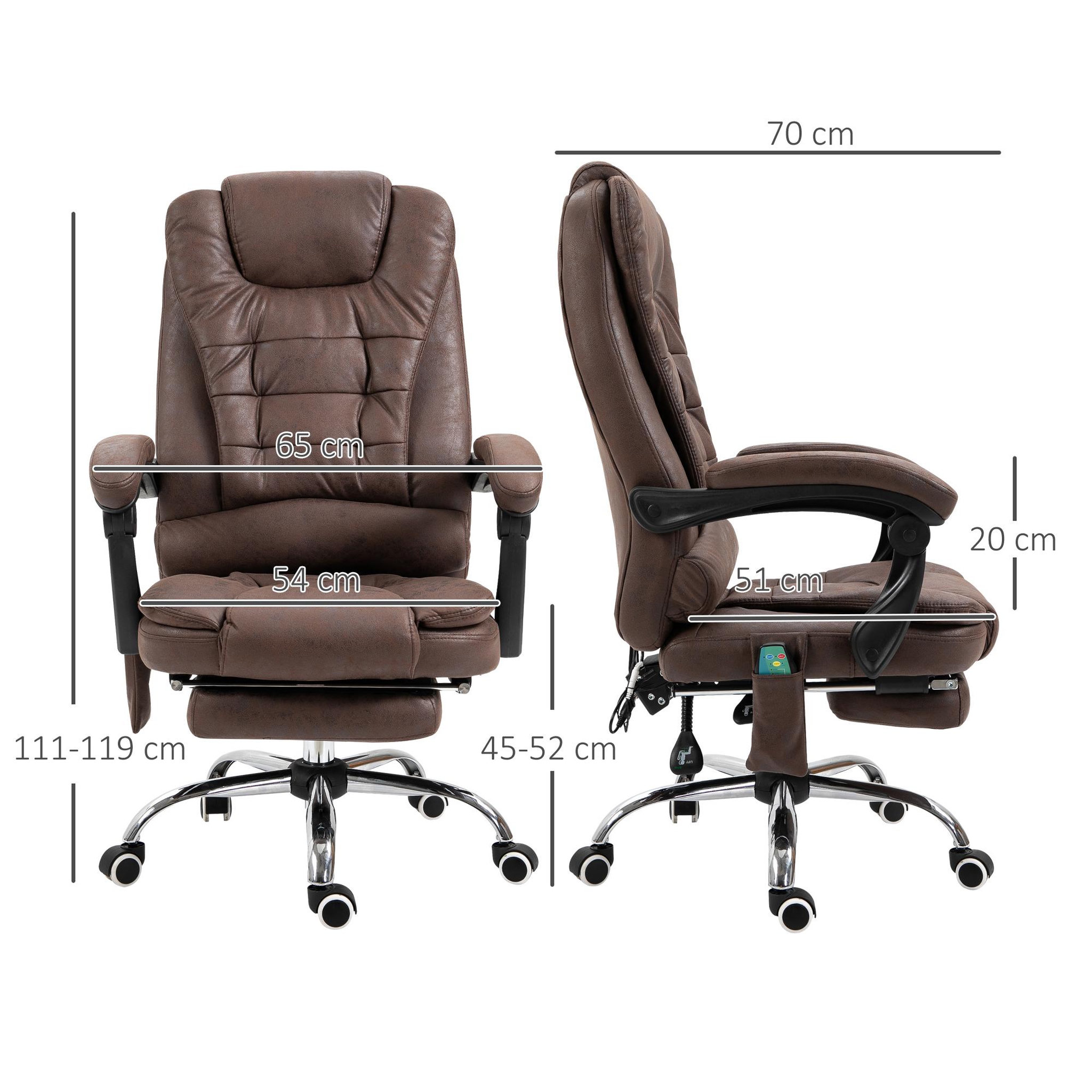 Voir la diapositive 3 : VINSETTO Fauteuil de bureau direction massant chauffant hauteur réglable dossier inclinable repose-pied rétractable tissu technique marron