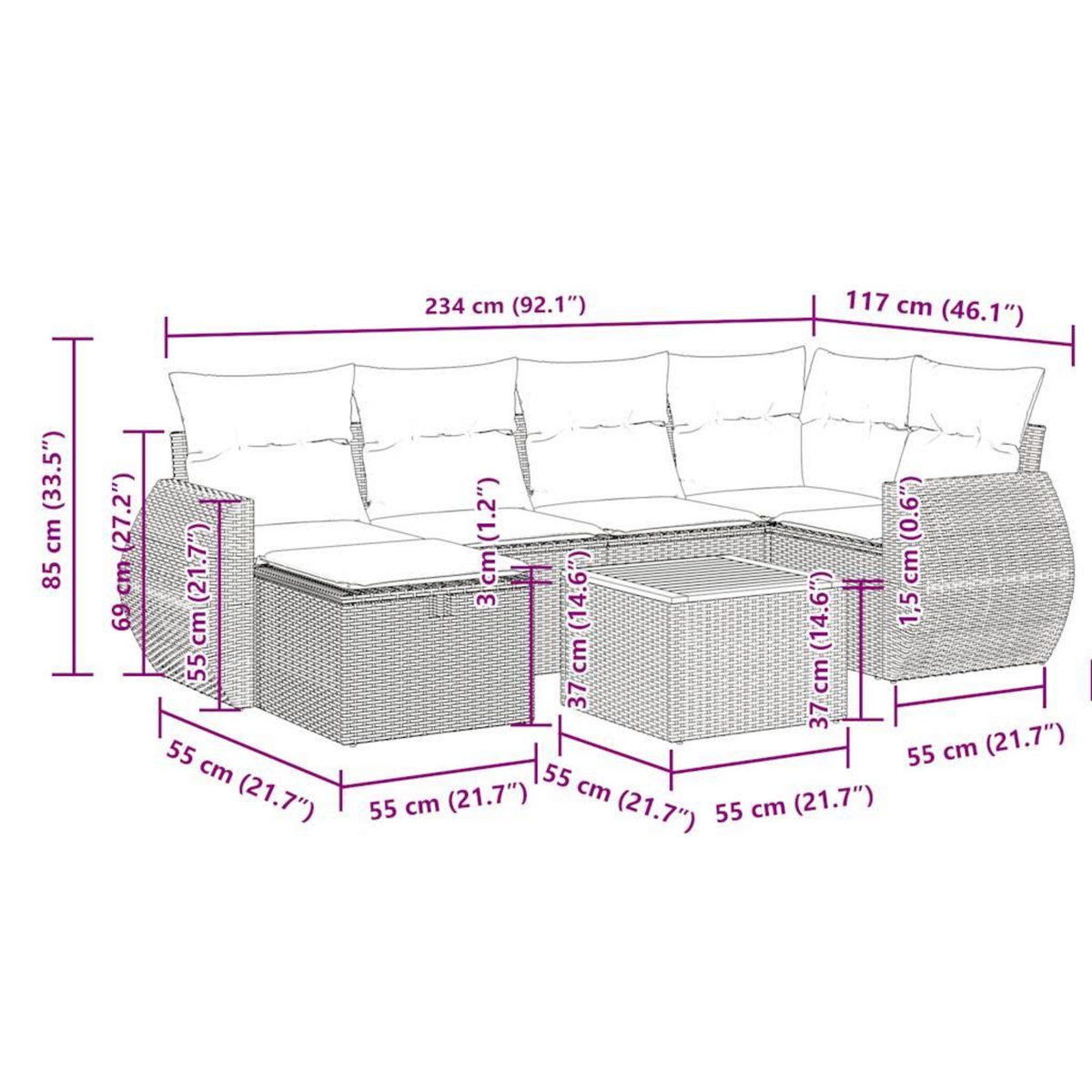 VIDAXL Salon de jardin avec coussins 7 pcs beige resine tressee
