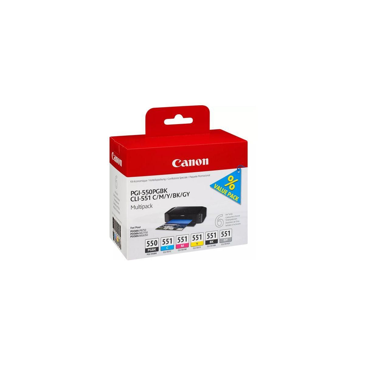 Canon Cartouche d'encre Pack Multipack 6 Originales PGI-550/CLI-551 (Noir + 5 Couleurs) - 6499B001