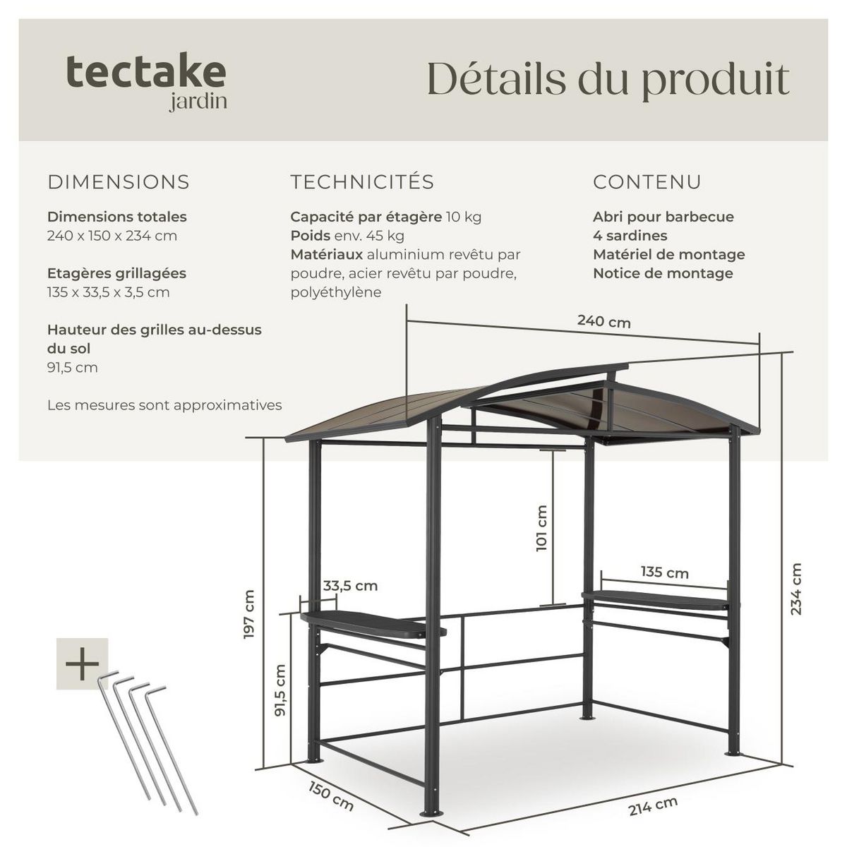 tectake Abri pavillon pour barbecue bonne circulation de l'air gris