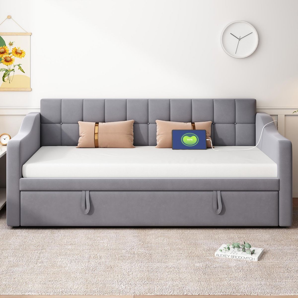 MERAX Lit banquette gigogne rembourré 90x200cm velours coloris gris