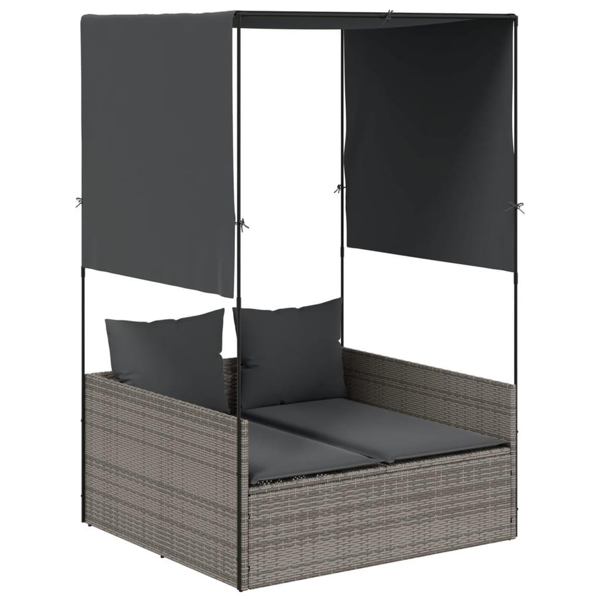 Voir la diapositive 2 : VIDAXL Chaise longue double avec toit et rideaux gris resine tressee