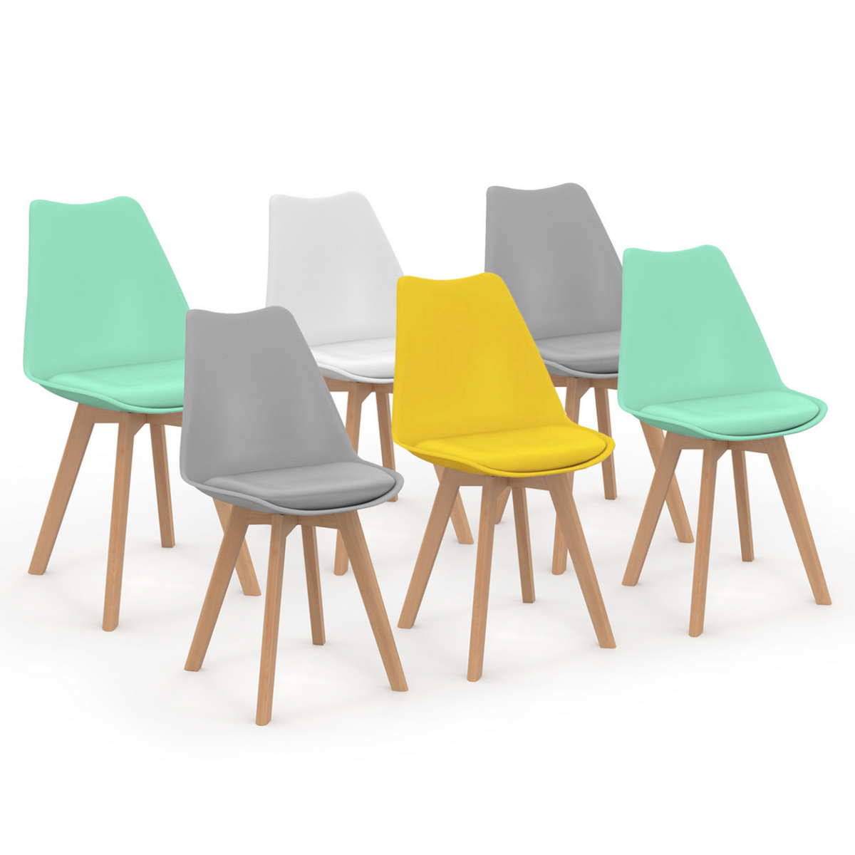 ID MARKET Lot de 6 chaises scandinaves SARA mix color pastel jaune, blanc, gris clair x2, vert mentholé x2