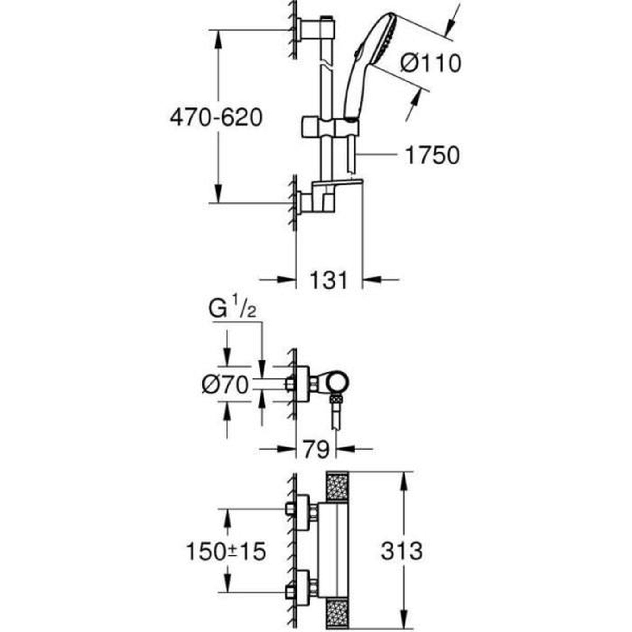Voir la diapositive 3 : Grohe Ensemble de douche avec mitigeur thermostatique, pommeau 3 jets, barre 60cm et flexible - GROHE 34791001 - Economie d'eau - Chro