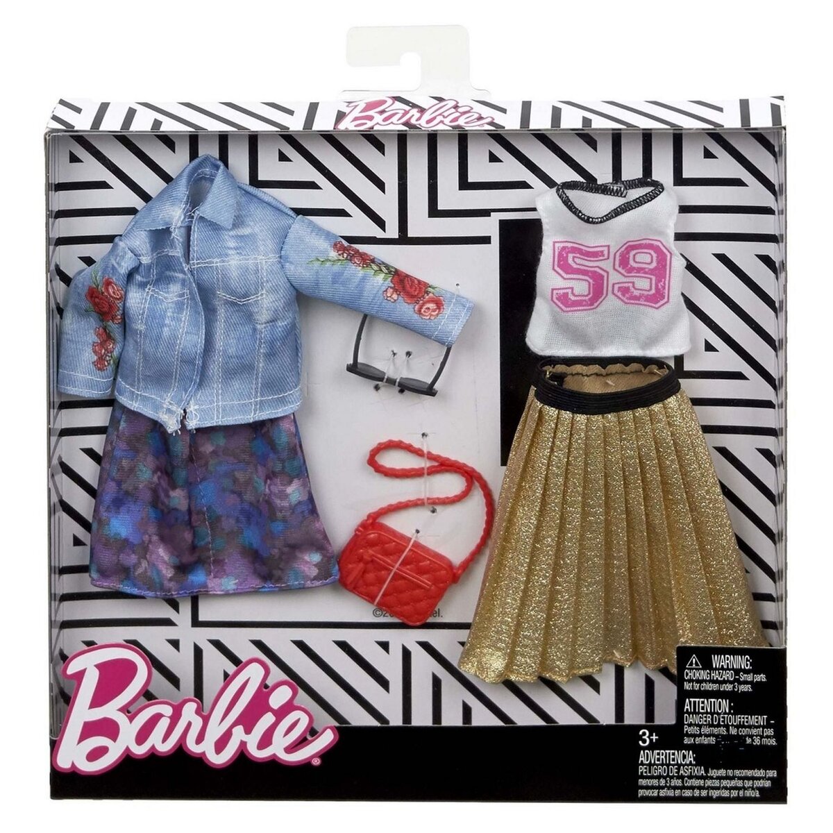 BARBIE Tenue Barbie jupe et veste bleue + jupe dorée et haut blanc 