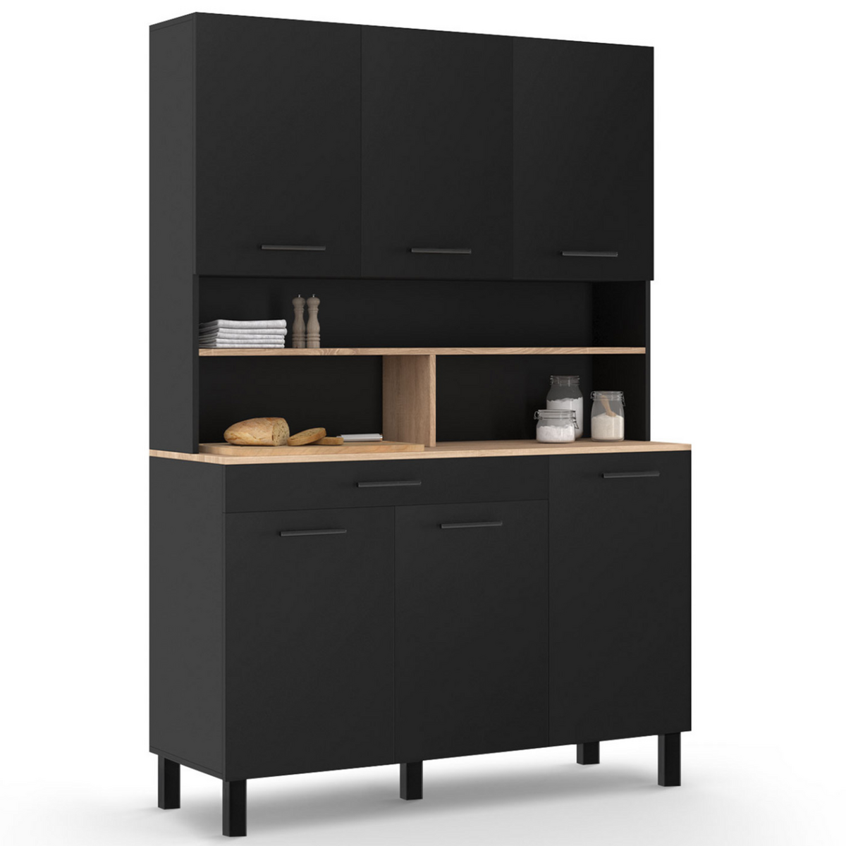 ID MARKET Buffet de cuisine 120 cm CINA 6 portes + tiroir noir et plateaux façon hêtre