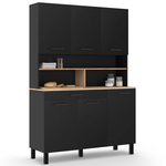 ID MARKET Buffet de cuisine 120 cm CINA 6 portes + tiroir noir et plateaux façon hêtre