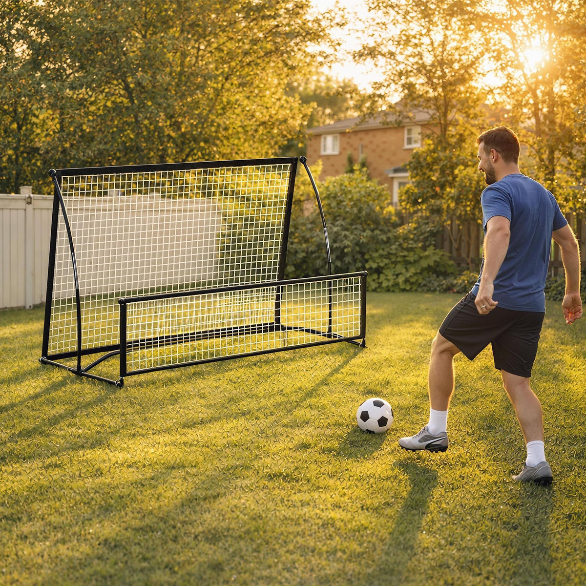 HOMCOM Filet de rebond football double face avec sac métal noir