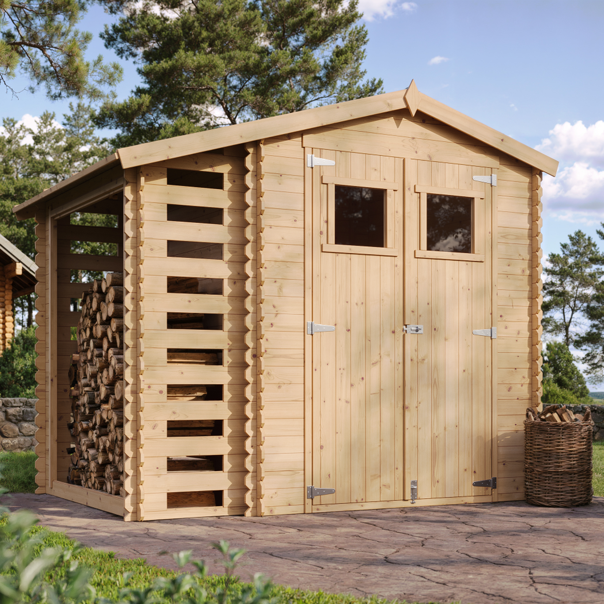 Voir la diapositive 3 : TIMBELA Abri de jardin en bois et range bûches extérieur avec sol traité - 3,53 + 0,97m2 m386+m386g