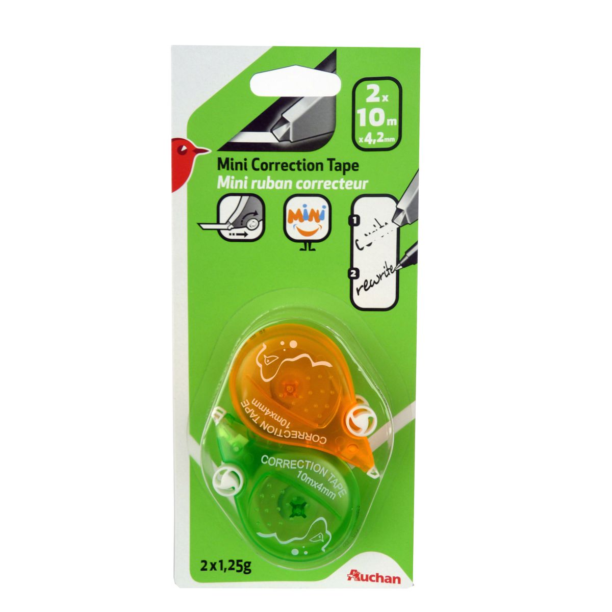 AUCHAN  Lot de 2 minis souris correctrices 10mx4mm orange et verte