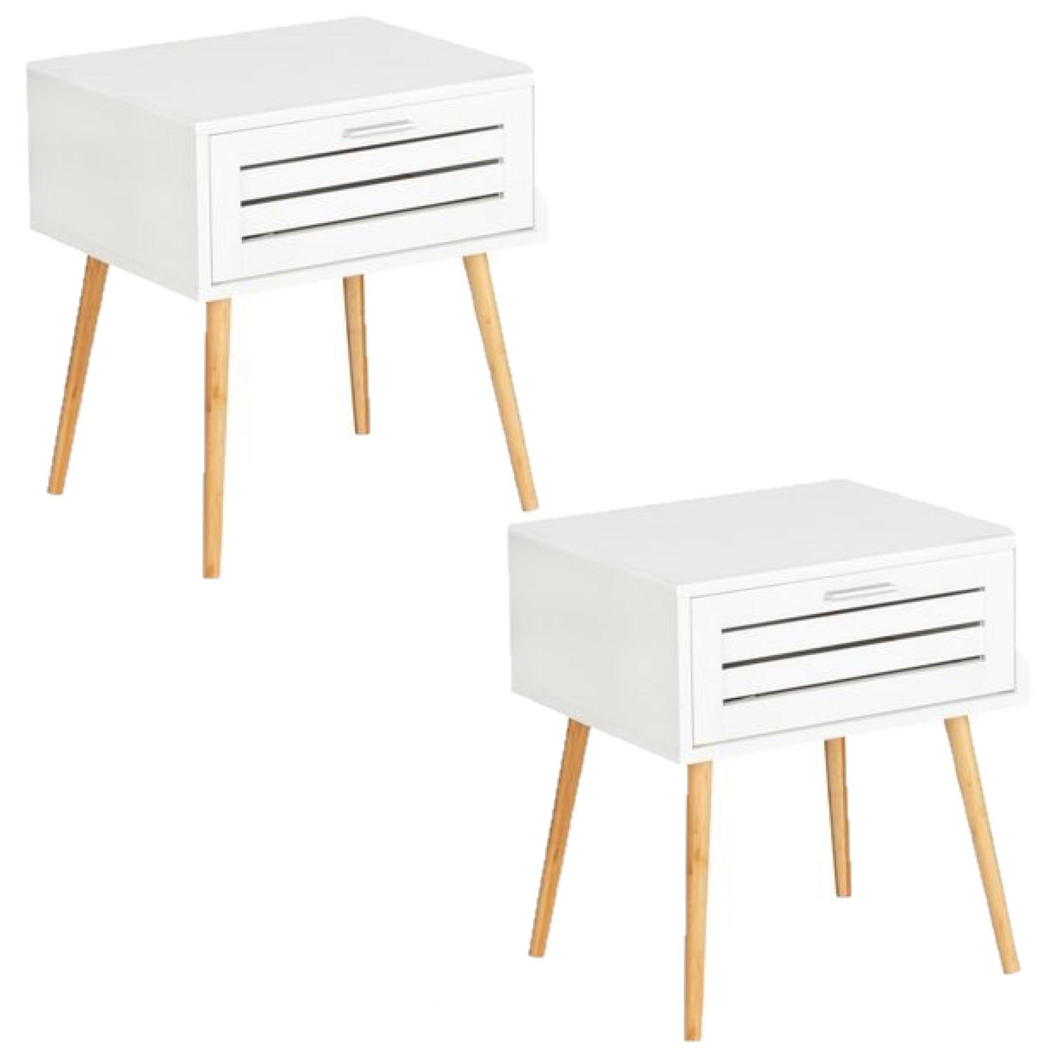 TOILINUX Lot de 2 tables de chevet finja avec 1 tiroir en bambou et mdf - blanc et bois