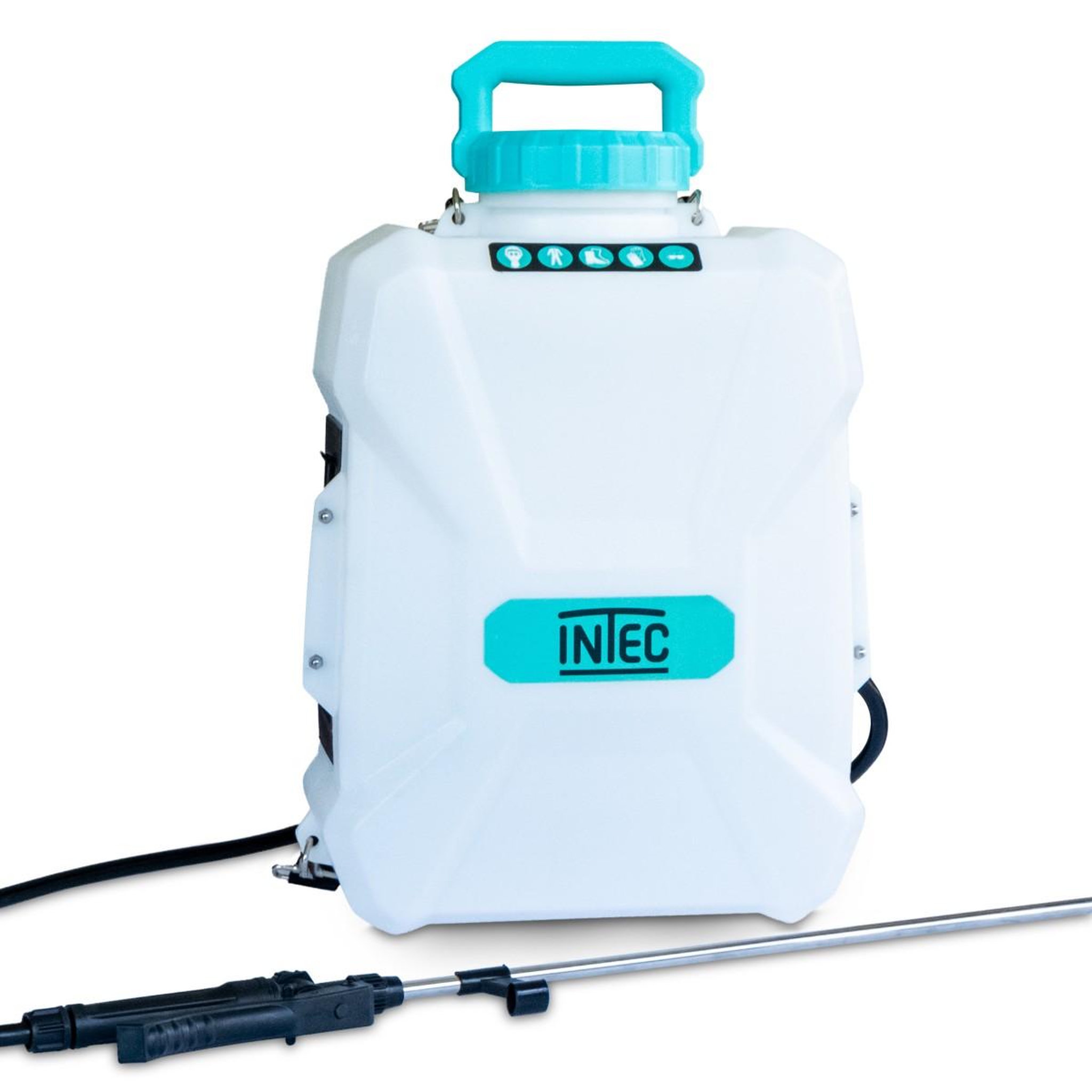 Voir la diapositive 4 : INTEC Pulvérisateur à batterie 20v 12l 5 bar + 2 batteries lithium 4.0ah + chargeur + 2 lances fibre et inox + 4 buses intec