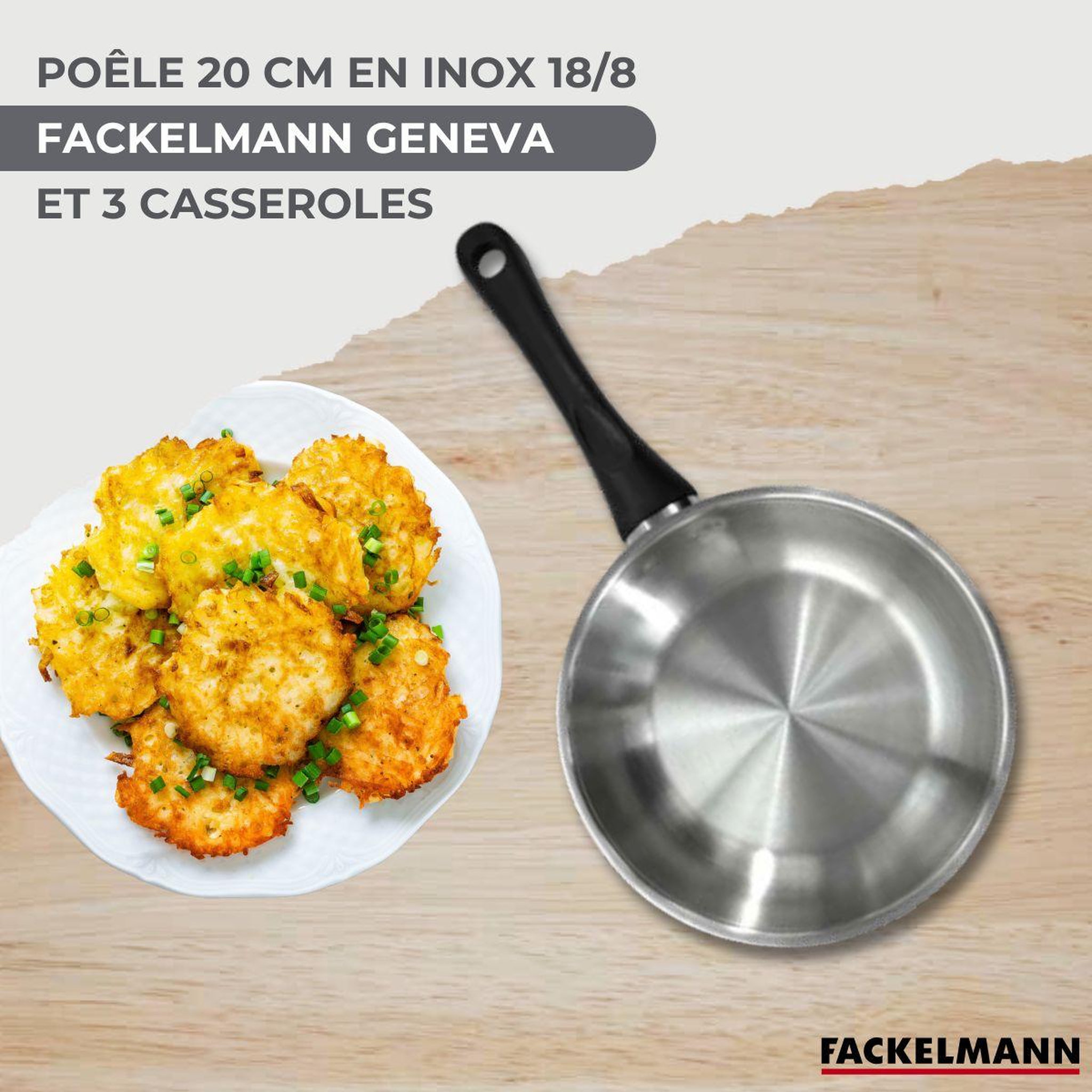 Voir la diapositive 2 : Fackelmann Batterie de cuisine avec 3 casseroles 12/16/20 cm et 1 poêle 20 cm avec 5 ustensiles de cuisine fackelmann généva vario