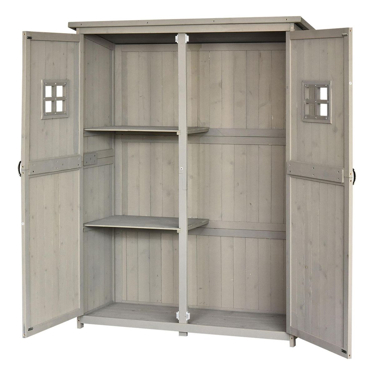 OUTSUNNY Abri de jardin armoire de jardin remise pour outils sur pied dim. 128L x 50l x 164H cm 2 étagères 2 portes 2 fenêtres toit bitumé étanche bois massif sapin pré-huilé gris