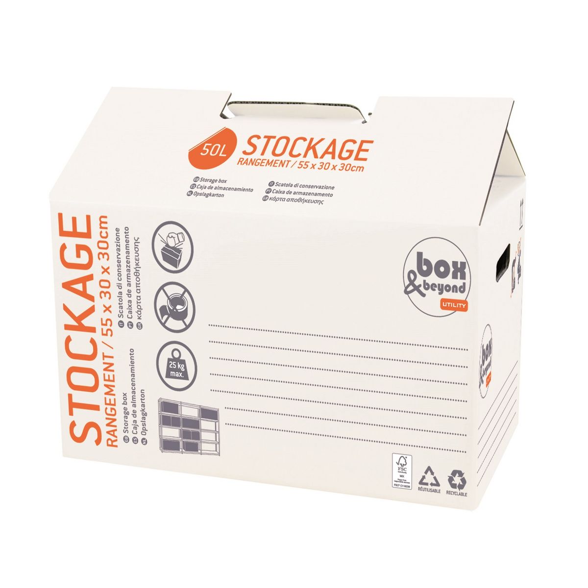 Caisse carton pliable 50 litres 30x55x30 cm