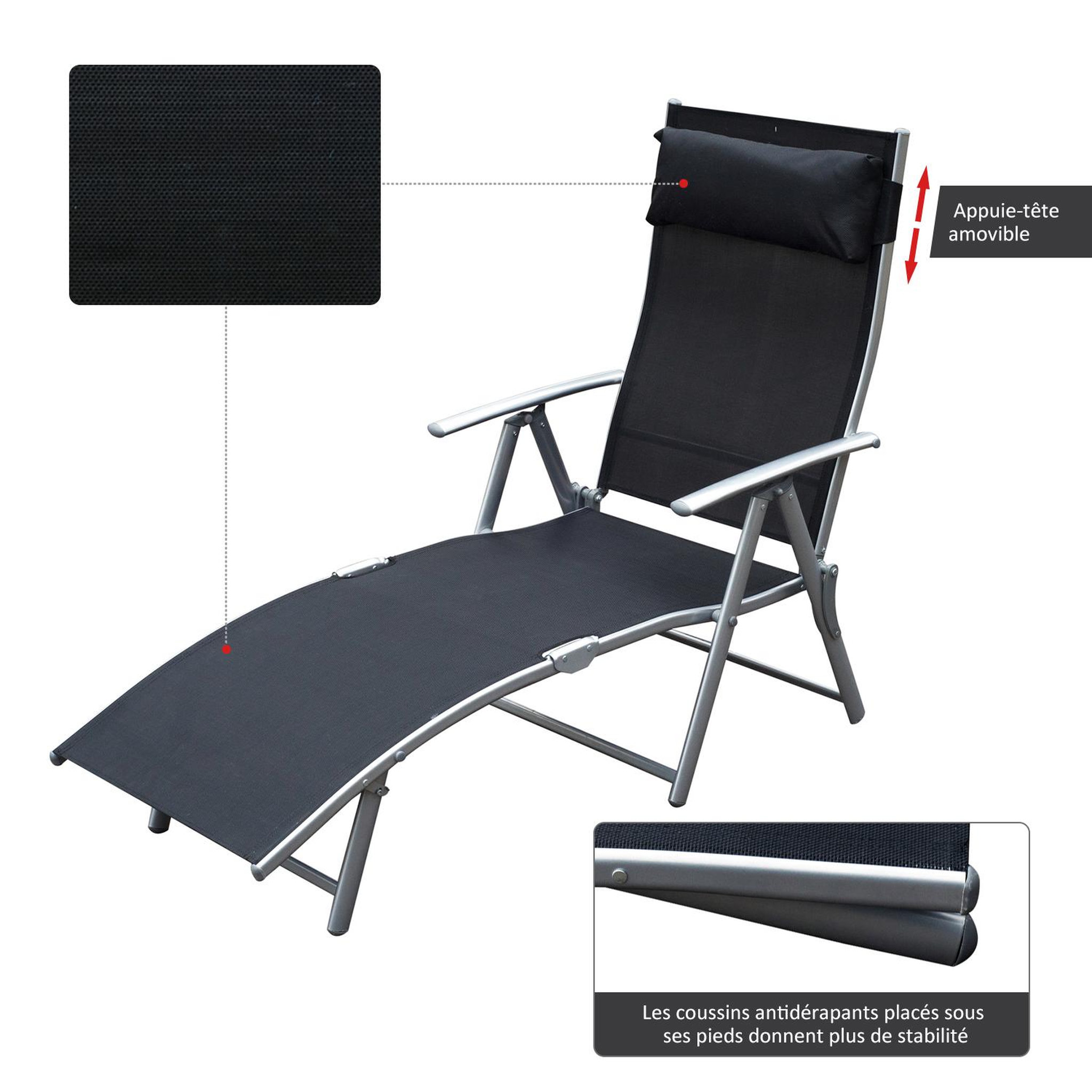 Voir la diapositive 6 : OUTSUNNY Outsunny transat chaise longue bain de soleil pliable dossier inclinable multi-positions têtière fournie 137L x 64l x 101H cm métal époxy textilène noir