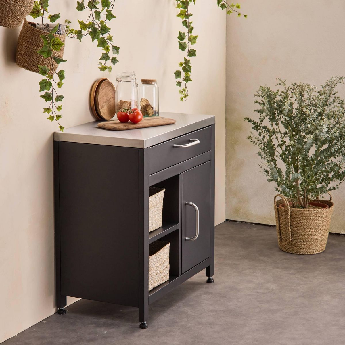 SWEEEK Meuble de cuisine extérieure en acier L80cm avec 1 tiroir. 1 porte et 2 étagères de rangement