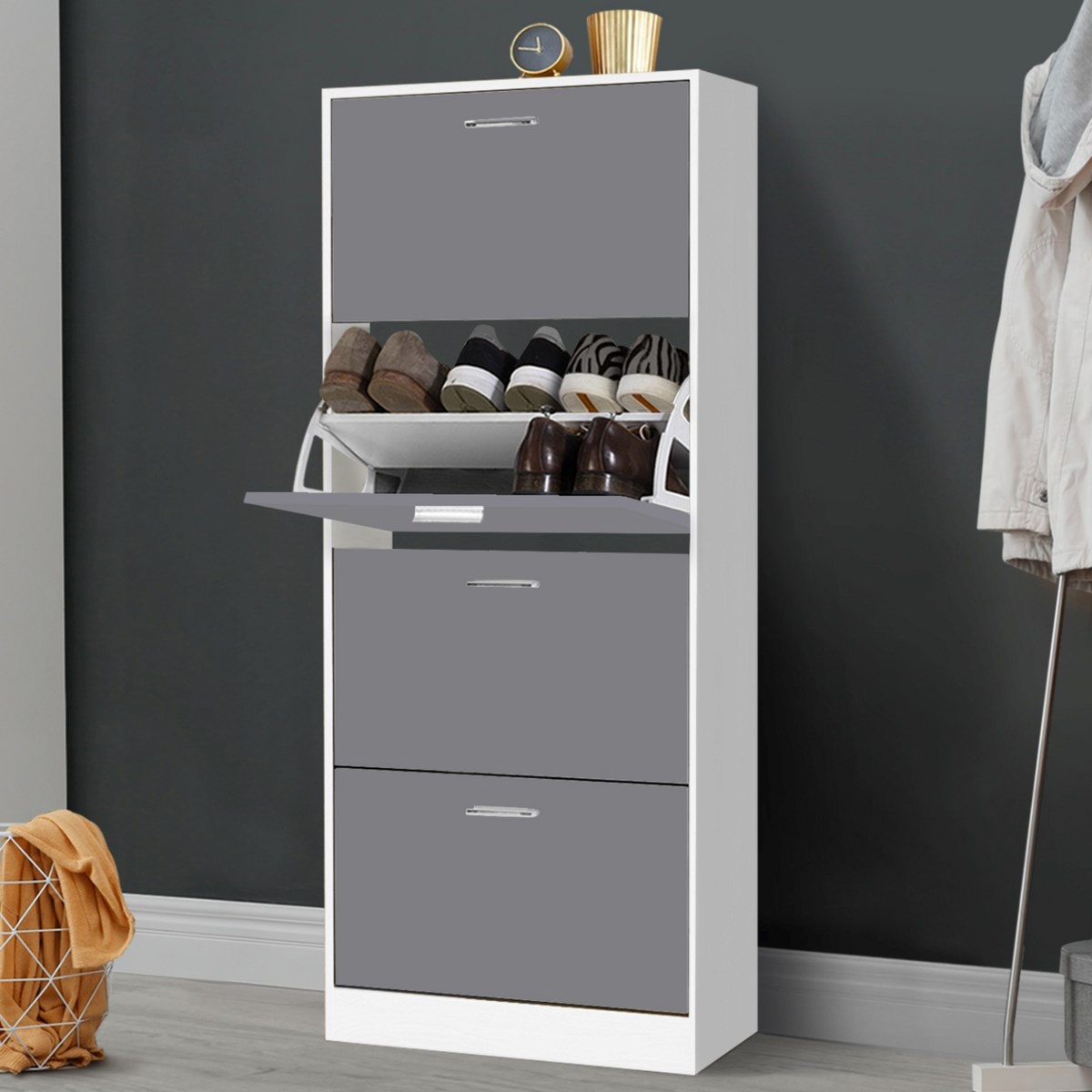 ID MARKET Meuble à chaussures 24 paires KLARK blanc 4 portes gris clair