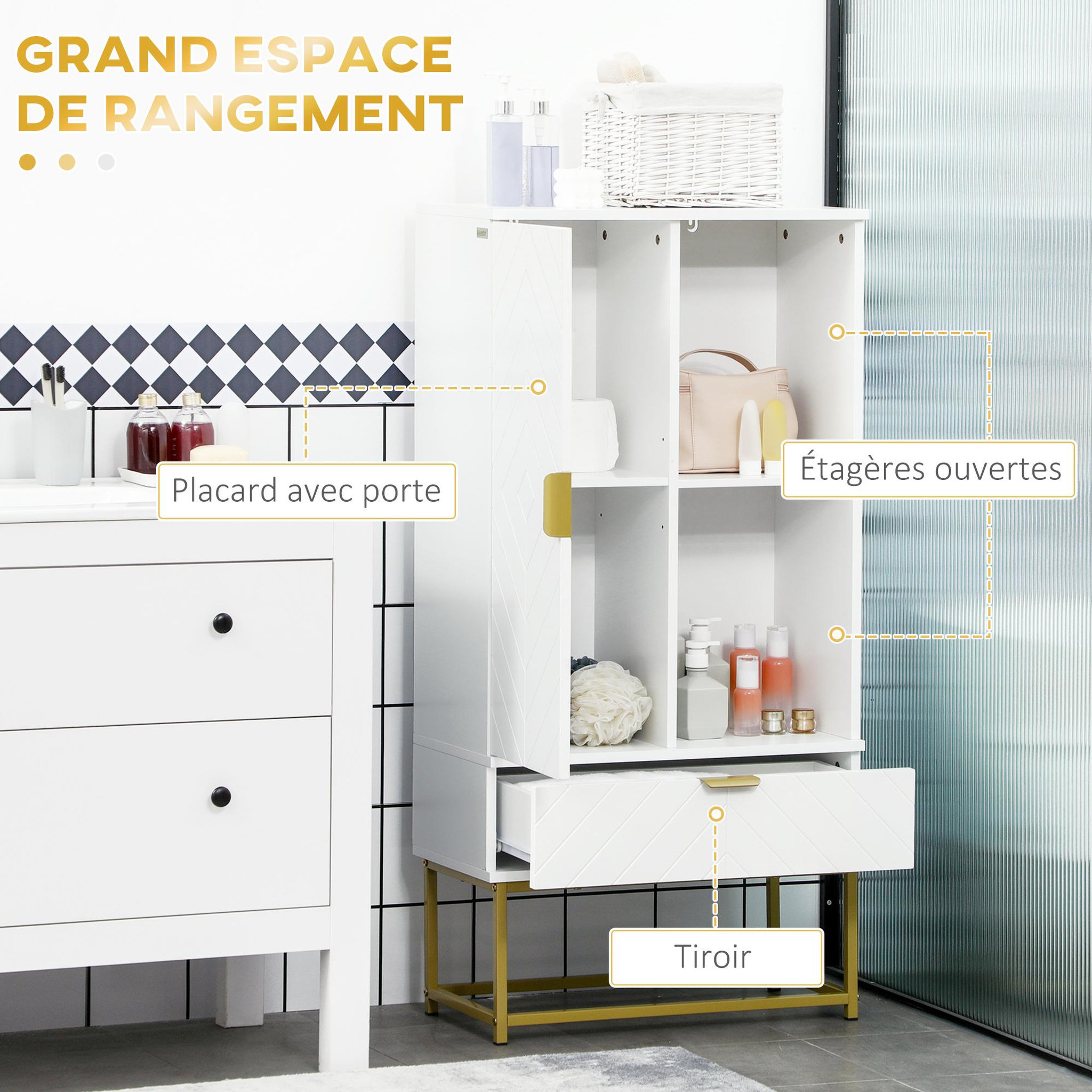 Voir la diapositive 4 : KLEANKIN Meuble bas de salle de bain design - porte, étagère, tiroir, 2 niches, 1 tiroir - acier doré MDF blanc