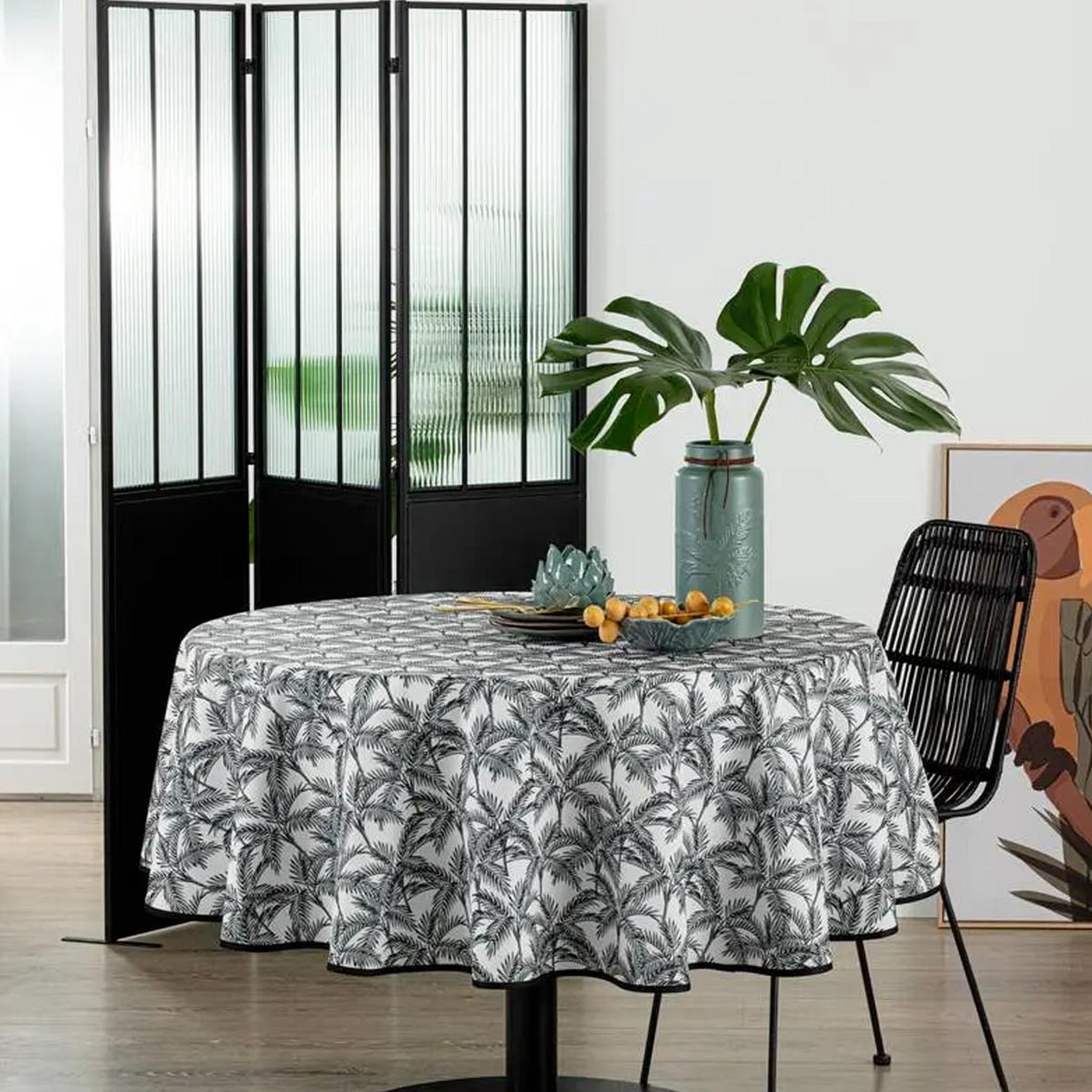 Voir la diapositive 3 : ATMOSPHERA Nappe antitache imprimée  palmier  180cm gris