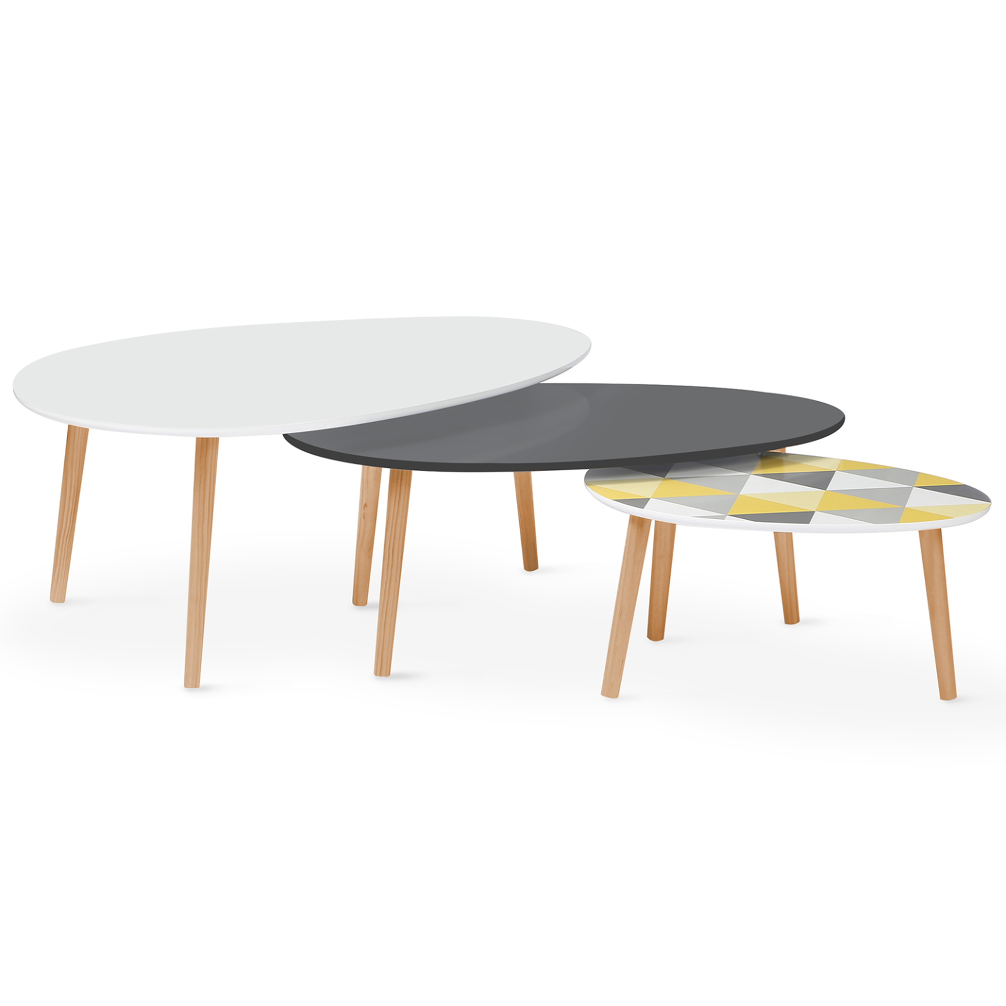 Voir la diapositive 3 : ID MARKET Lot de 3 tables basses gigognes gigi laquées blanc / gris / motifs graphiques