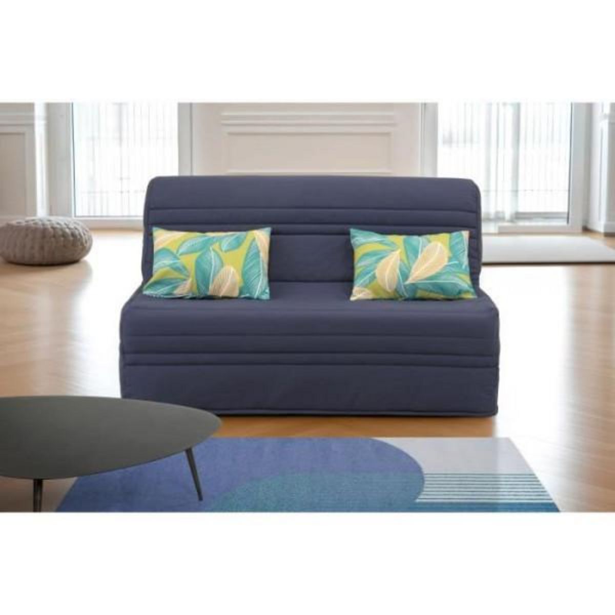 MARKET24 Banquette BZ - 2 places - Bleu Marine - Coussins Jungle - couchage 140 x 190 x 9 cm - Joe
