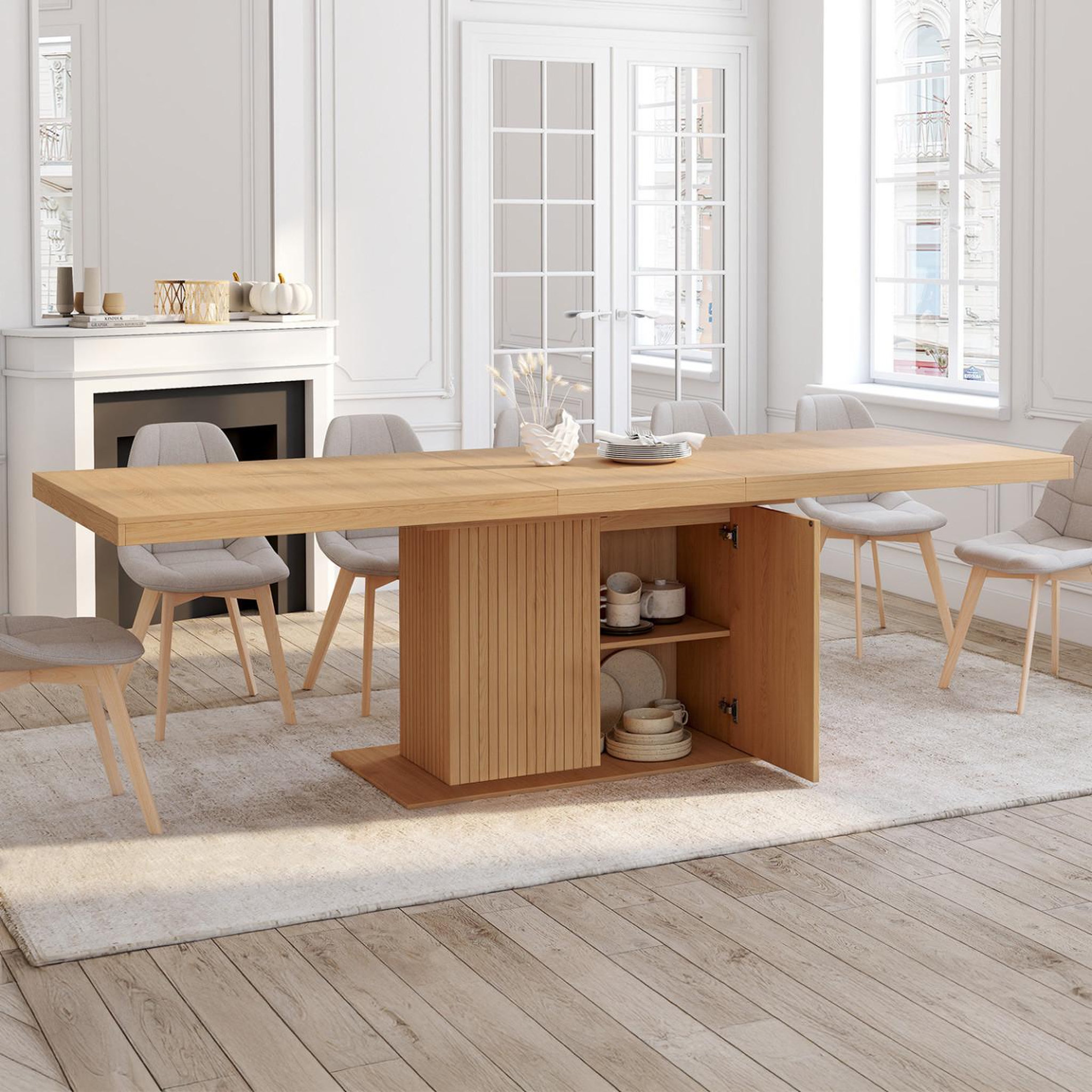 Voir la diapositive 2 : ID MARKET Table à manger extensible rectangle juliette 8-12 personnes pied central effet lattes avec rangement 200-250 cm