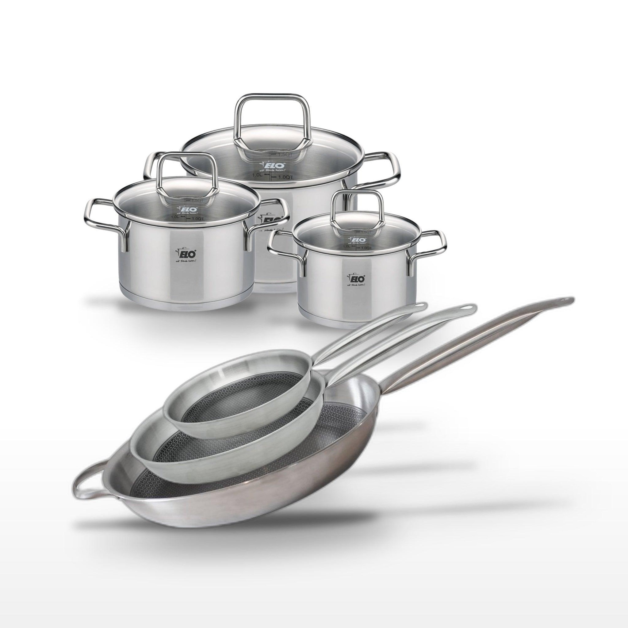 ELO Batterie de cuisine avec 3 poêles 24/28/32 cm et 3 faitouts 14/16/20 cm en inox avec 6 ustensiles de cuisine elo collection relief solution citrin