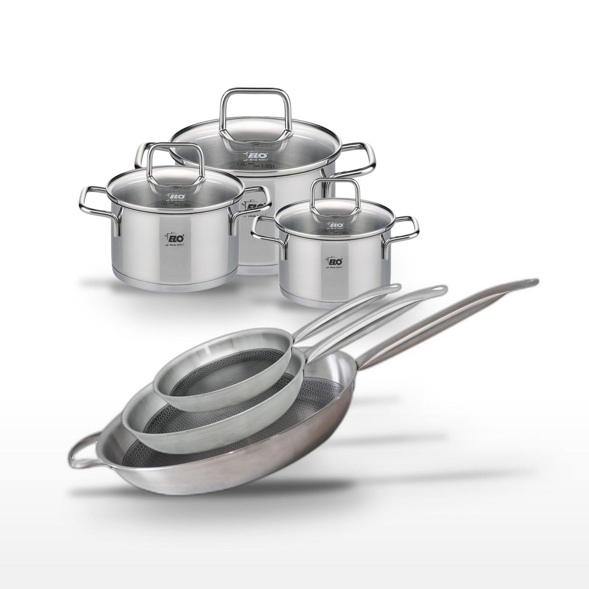 ELO Lot de 3 Poêles 24/28/32cm et 3 Faitouts 14/16/20cm Elo Relief Solution