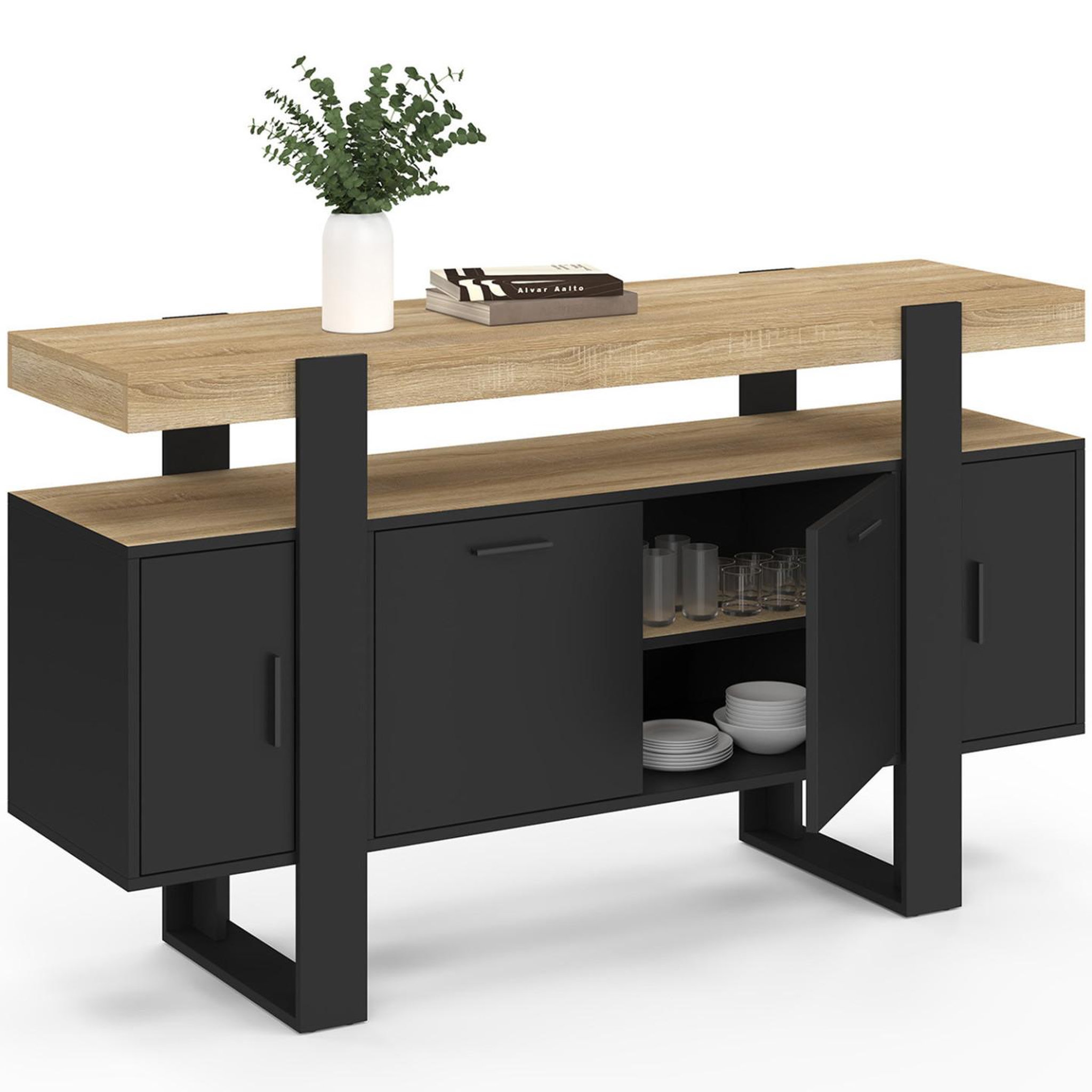 Voir la diapositive 3 : ID MARKET Buffet 140 cm phoenix 4 portes noir avec plateau bois