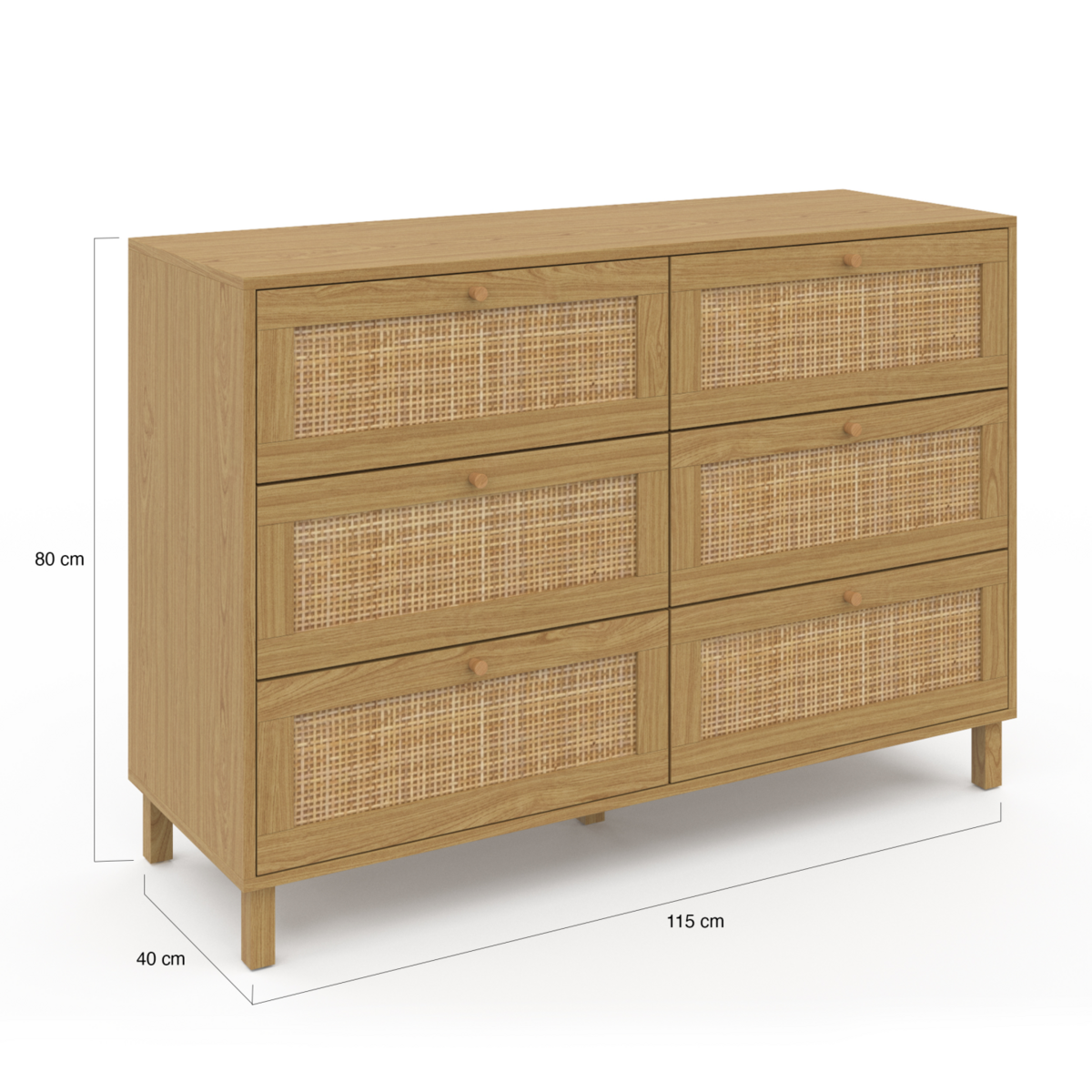 ID MARKET Commode 6 tiroirs HANAE 115 cm effet naturel cannage