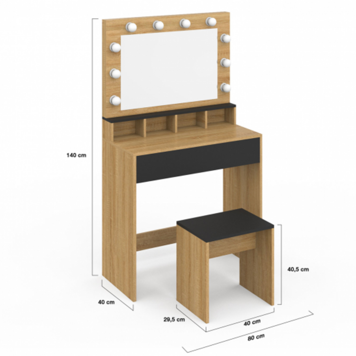ID MARKET Coiffeuse ZELIA hêtre et noir miroir LED avec 4 niches, 1 tiroir et tabouret