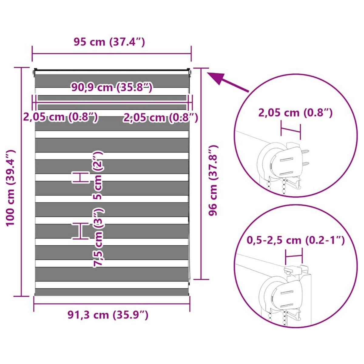 VIDAXL Store zebre gris fonce largeur du tissu 90,9 cm polyester