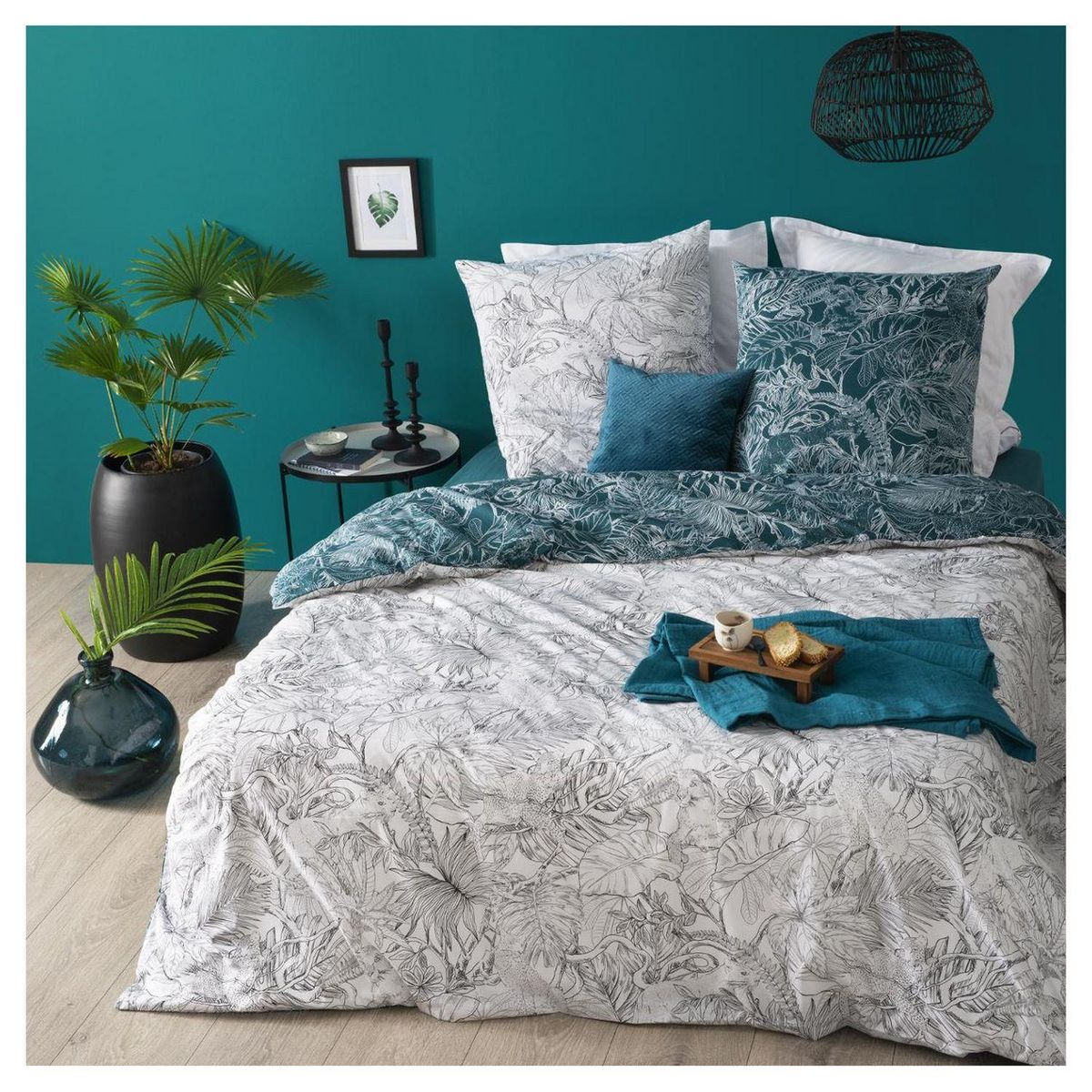 ATMOSPHERA Parure housse de couette coton 57 fils fleurs tropicales JUNGLE