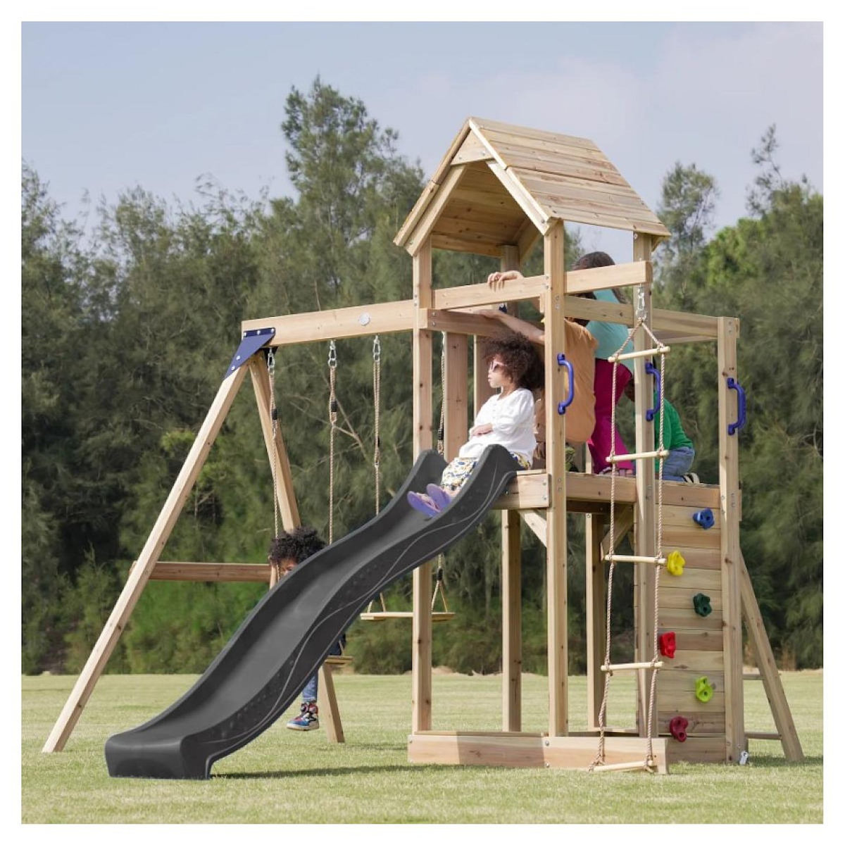 Axi House Portique Moos 2 balançoires + échelle toboggan gris