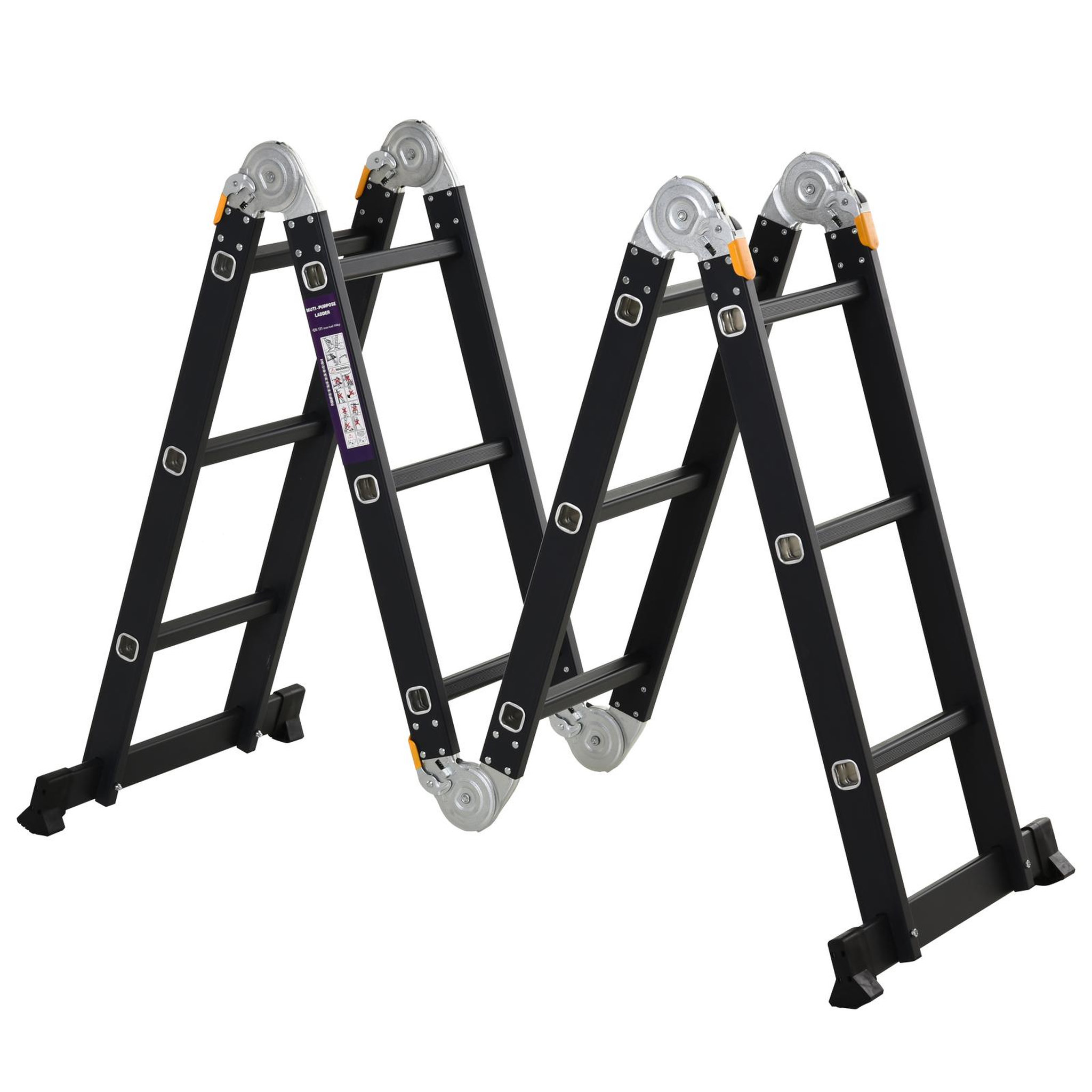 Voir la diapositive 1 : HOMCOM HOMCOM Echelle aluminium pliable multifonction 5 positions 3,7 m 12 échelons certification NF EN131 charge max. 150 Kg noir