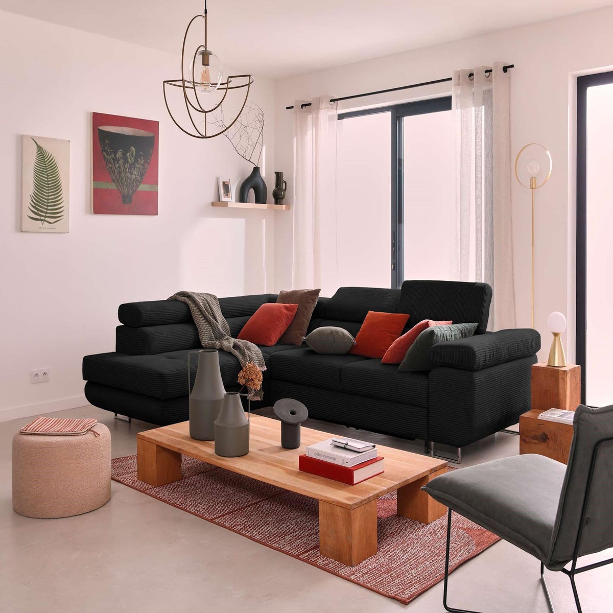 BEST MOBILIER Zaria - canapé d'angle gauche - convertible avec coffre et têtières réglables - 5 places - en velours côtelé