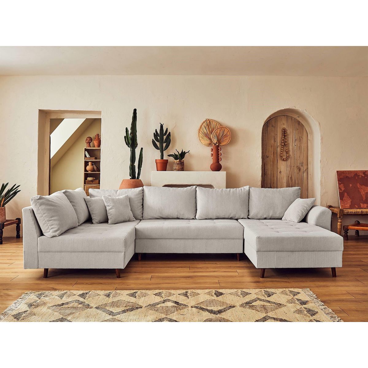 LISA DESIGN Rune - canapé panoramique d'angle gauche - 7 places - avec pouf d'appoint - en velours côtelé