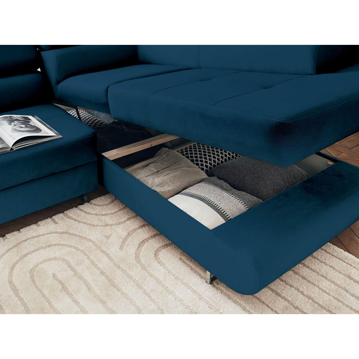 BEST MOBILIER Pablo - canapé d'angle droit - 5 places - convertible avec coffre et têtières réglables - en velours