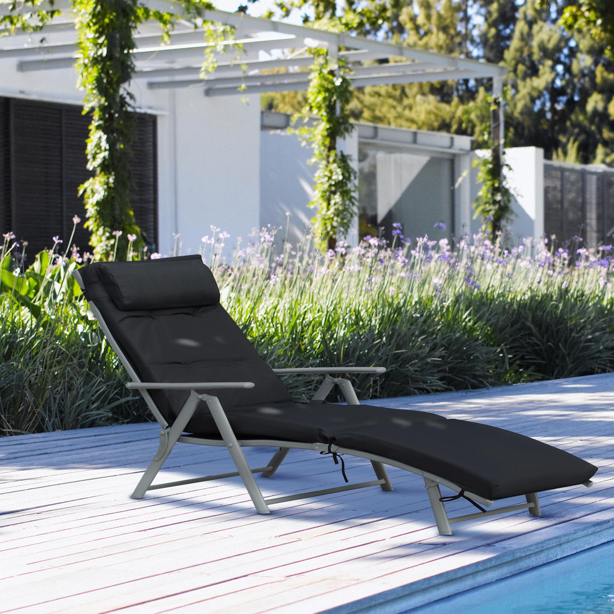 Voir la diapositive 3 : OUTSUNNY Bain de soleil pliable transat inclinable 7 positions chaise longue grand confort avec matelas + accoudoirs métal époxy textilène polyester noir