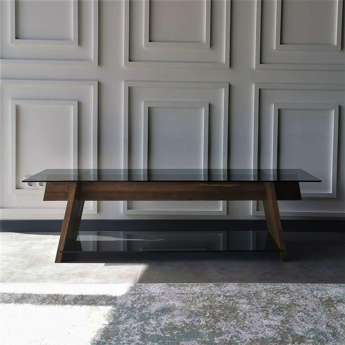 TOILINUX Meuble TV 1 étagère Lustrelle en verre et bois massif - Marron