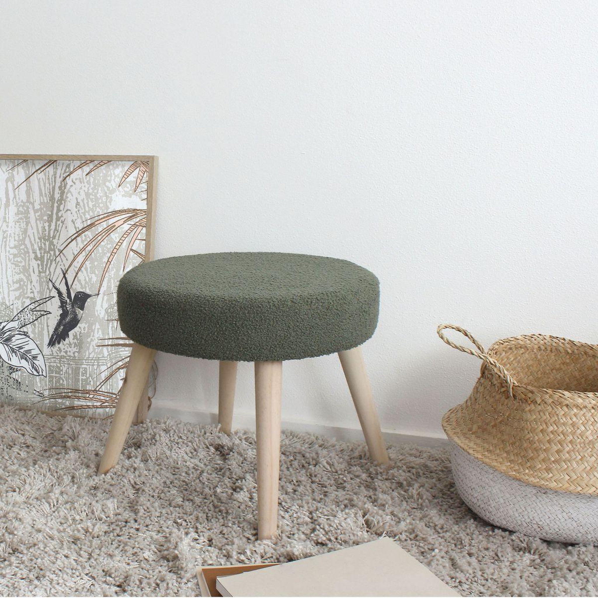 Voir la diapositive 2 : ENJOY HOME Tabouret rond en tissu bouclé  lodge  45cm vert argile