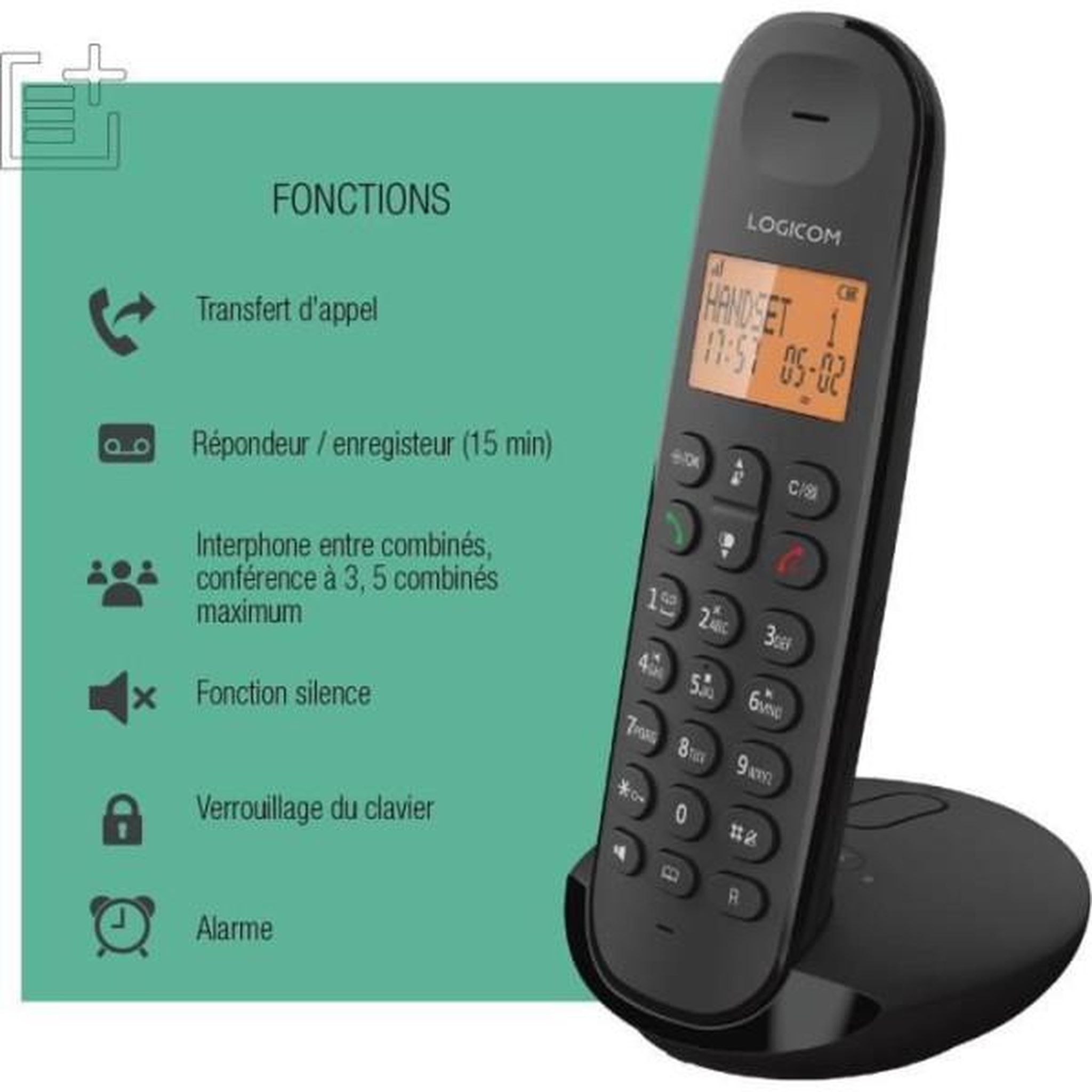 Voir la diapositive 6 : Logicom Téléphone sans fil Iloa Solo Répondeur Noir