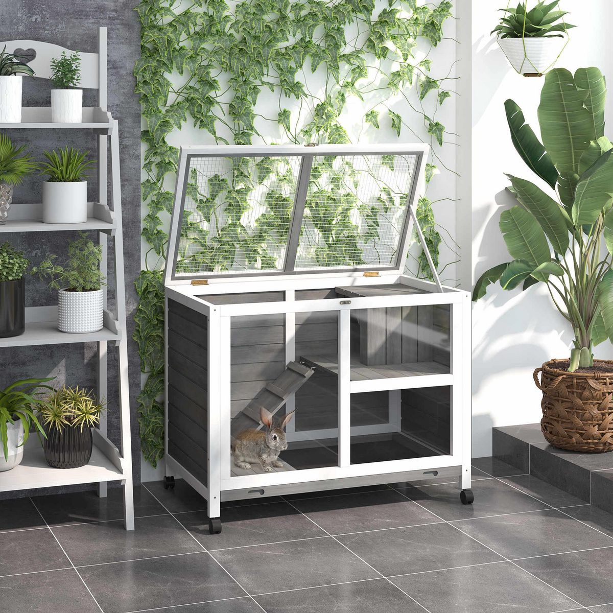 PAWHUT Clapier à lapin sur roulettes cage à lapin 2 niveaux toit ouvrant verrouillable plateau déjection coulissant rampe niche bois de sapin gris blanc